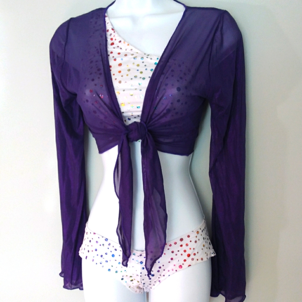 Mesh wrap top, metallic purple sheer with flare sleeves